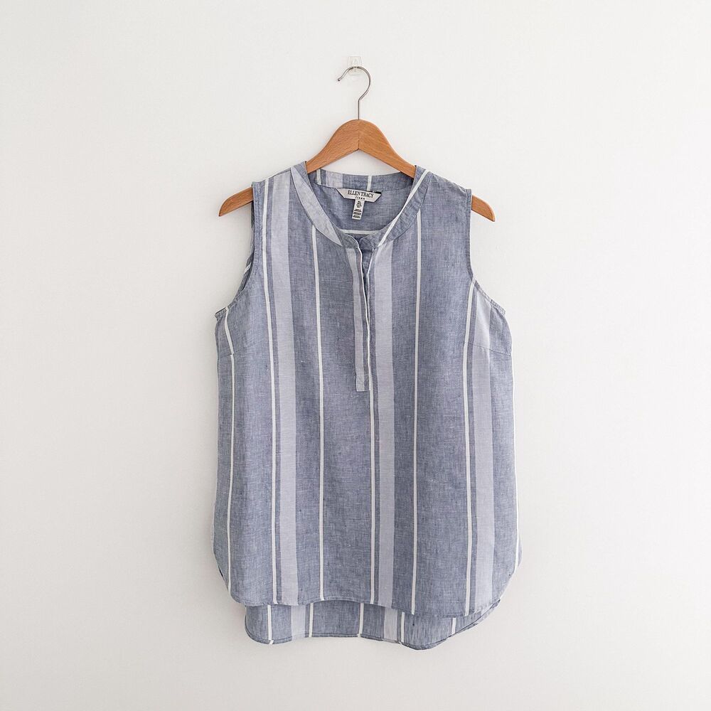 Vintage Ellen Tracy 100% Linen Sleeveless Tunic Top Blue White Coastal Size L